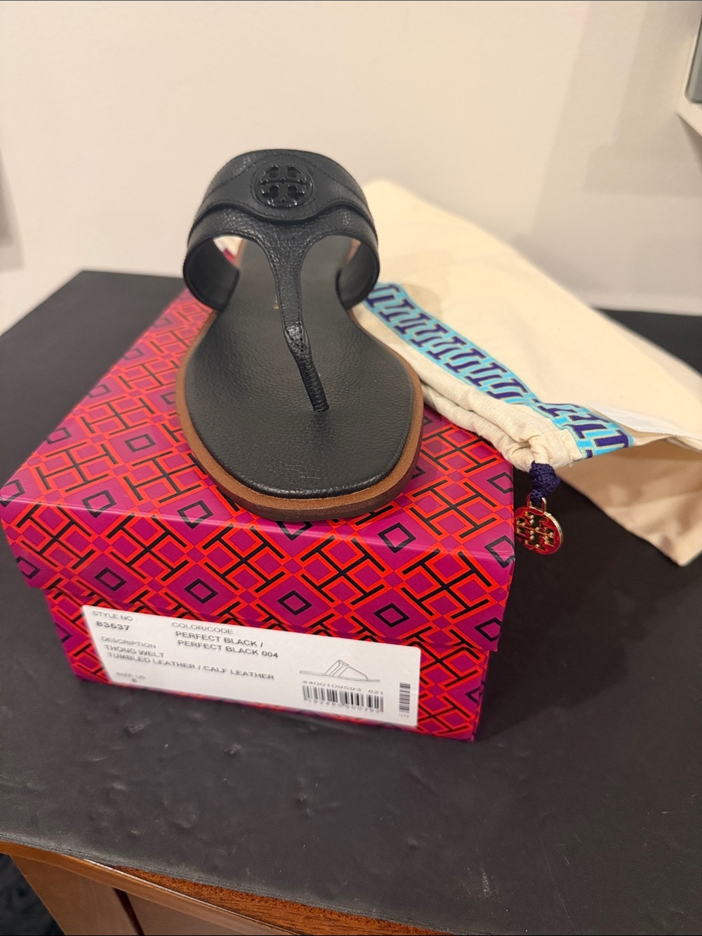 Tory Burch Black Leather Logo Thong Sandal with Brown Sole